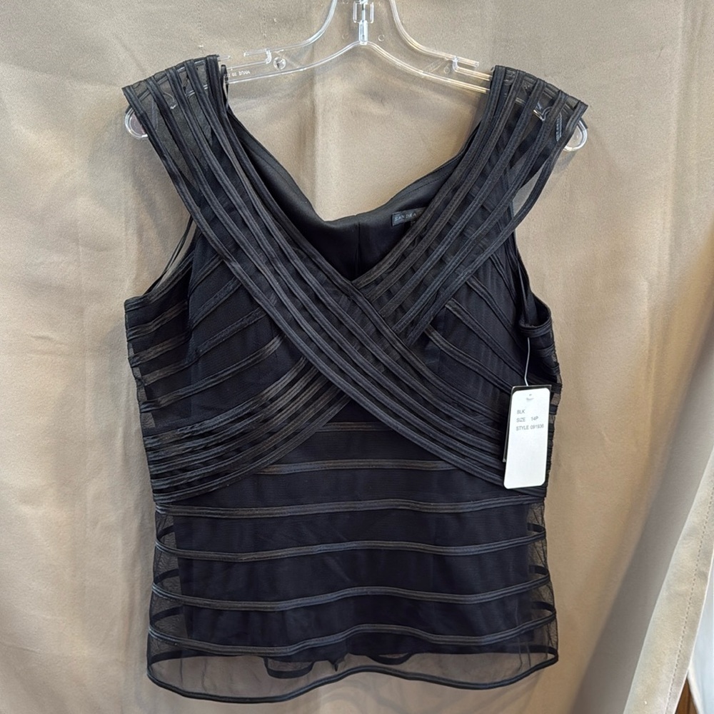 NWT Sandra Darren Black Mesh Pleated Top Petite 14P Sleeveless